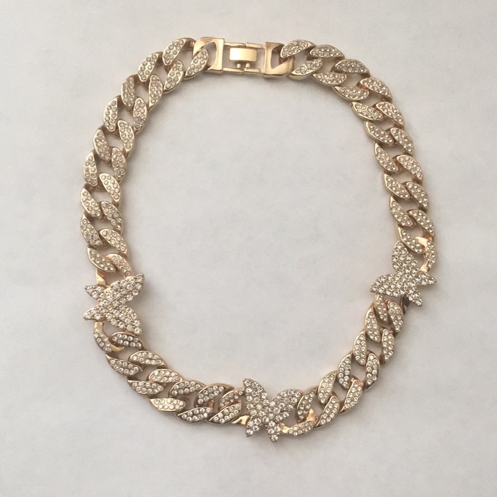 24K Gold Plated Butterfly Cuban Chain Link Choker Necklace - Picture 2 of 7